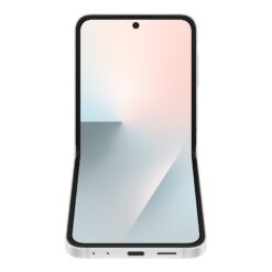 Samsung Galaxy Z Flip7 FE i vitt sedd framifrån med uppfälld 6,7 tums skärm