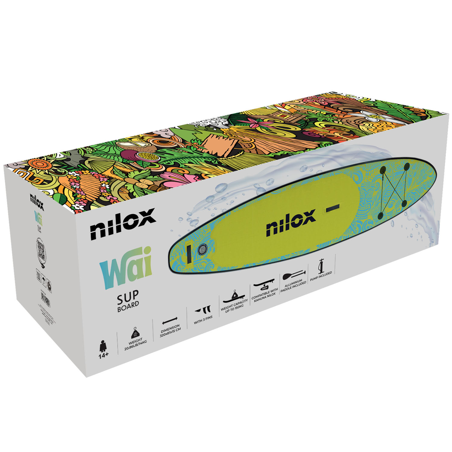 Kartong med Nilox Wai SUP-bräda och ryggsäck