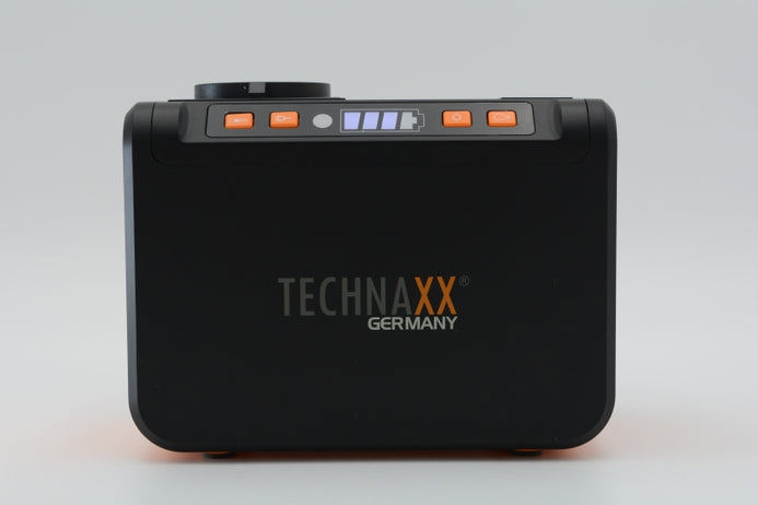 Technaxx TX-205 portabelt kraftpaket sett bakifrån med Technaxx-logotyp