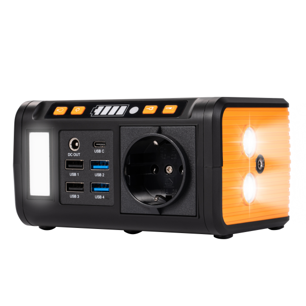 Technaxx TX-205 portabelt mini kraftpaket sett framifrån med eluttag, USB-portar och LED-panel